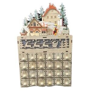 Christmas Holiday Wooden Light Up Advent Calendar with 24 Drawers Santa's Sleigh